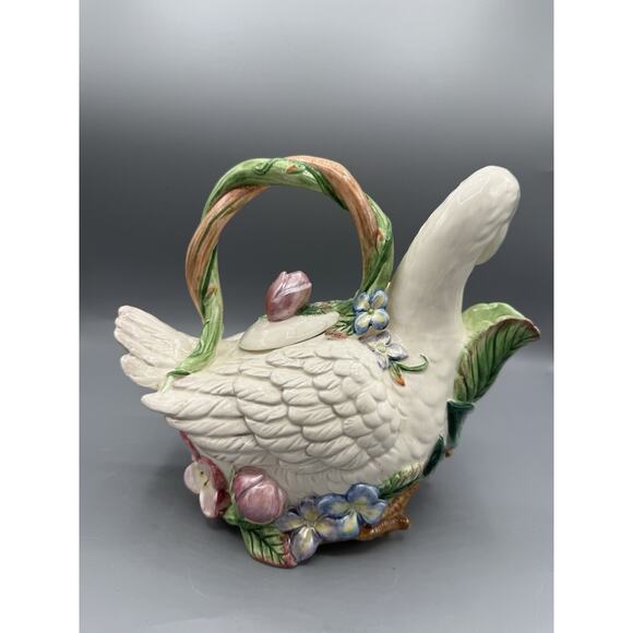 Fitz & Floyd Classics Duck Goose Teapot Mother & Baby Floral Ceramic 10” - Picture 3 of 9